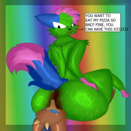 absurd_res archenarie ass big_butt bodily_fluids canid canine canis clothing dont_touch_my_pizza eating_feces facesitting feces feces_in_mouth hi_res kevin_(nyanwolf) kobold mammal meme scalie scat shart sharts sitting_on_another suggestive sweat underwear wolf zanite