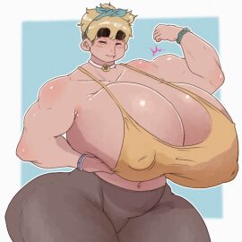1girls brown_pants cleavage closed_eyes cropped_legs gd_(lewdbeef) gigantic_breasts huge_ass lewdbeef muscular_female original short_hair solo standing tank_top yellow_tank_top