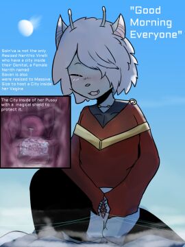 3:4 alien antennae_(anatomy) anthro blush bodily_fluids cervix closed_eyes clothing endosoma english_text female furry genital_fluids genitals landscape_dwarfing macro magic mountain pussy red_clothing safe_vore shrunken_city teruni-inamor text unbirthing vaginal_fluids vaginal_penetration virelli vore what