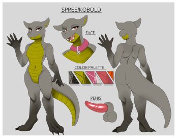 absurd_res anthro collar collar_only digital_drawing_(artwork) digital_media_(artwork) fur genitals green_body green_fur grey_body grey_fur hi_res kobold male model_sheet multicolored_body multicolored_fur multicolored_tail nude nude_anthro nude_male open_mouth orange_eyes palette pamen pamenpie penis pink_collar reference_image scalie solo tail