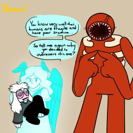 after_sex aftermath angel angel_wings bangs black_legs black_sweater blue_body blue_eyes blue_gabriel blue_hair blush blushing_female bonus_page dizzy_eyes drool drooling embarrassed exertion exhausted exhaustion expression_says_it_all female glasses holding messy_hair monster open_mouth overstimulated red_body red_skin sharp_teeth sweater swirly_eyes white_body white_hair white_skin yellow_teeth