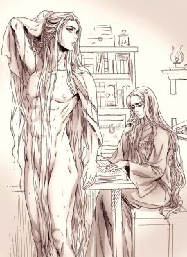 2boys absurdly_long_hair casual_nudity completely_nude detailed_background enki_ankarian fear_and_hunger gay gay_male hair_censor long-haired_male long_hair male male_only monochrome nosramus nude nude_male toned toned_male towel very_long_hair wet_body wet_hair wet_skin yaoi yoshinaga_yuki3