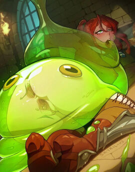 armor armored_female eaten_then_fucked green_eyes inside_creature interspecies monster monster_on_female red_hair skyrilius slime transparent_body vaginal_penetration vaginal_sex vore