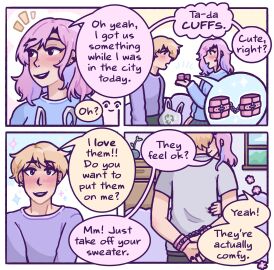 1boy 1girls black_nails blonde-haired_male blonde_hair blush comic comic_page cuffs english_text female flowers handcuffs indoors male male_with_painted_nails pink_hair purple_hair sparkles speech_bubble sweater text two-tone_hair welcome_to_heaven wrist_cuffs