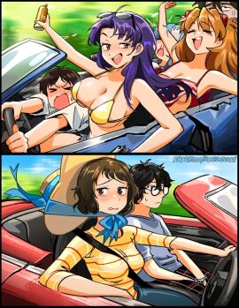 3boys 4girls alcohol asuka_langley_sohryu big_breasts bikini black_hair blue_hair breasts brown_eyes brown_hair car car_interior crossover driving embarrassed female glasses huge_breasts ikari_shinji kaji_ryouji katsuragi_misato male misato_katsuragi neon_genesis_evangelion nosebleed orange_eyes persona persona_5 purple_hair rei_ayanami ren_amamiya ryoji_kaji sadayo_kawakami smile snegovski steering_wheel