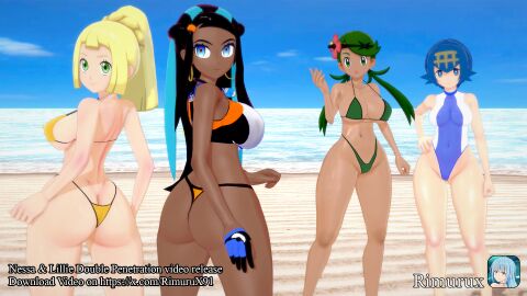 3d 4girls female female_only lana_(pokemon) lillie_(pokemon) mallow_(pokemon) multiple_females multiple_girls nessa_(pokemon) pokemon rimurux self_upload untagged