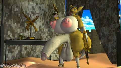 anthro ass balls bandai_namco big_ass big_balls big_breasts big_butt bodily_fluids breasts cum desert digimon digimon_(species) eyewear futanari genital_fluids genitals glasses gold_(metal) gun hi_res high_heels huge_balls huge_breasts intersex jewelry long_tongue ok_bruh piercing ranged_weapon solo taomon tongue weapon