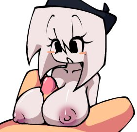 1boy1girl barrette big_breasts boobjob hat large_breasts malcom_(missaliasalias) missaliasalias no_bra paizuri penis penis_between_breasts shirt_up titjob white_hair white_skin