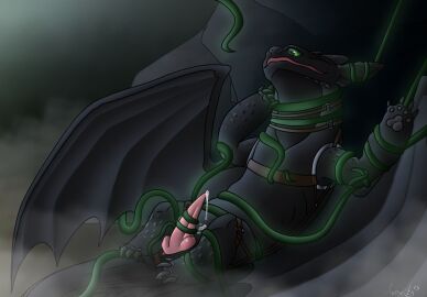 avexcity bodily_fluids cum dragon dreamworks european_mythology feral fury_(httyd) genital_fluids hi_res how_to_train_your_dragon male mythological_creature mythological_scalie mythology night night_fury scalie solo squeezing tentacle toothless western_dragon