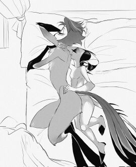 2024 5_fingers anthro ass avian beak bed biped bird bite black_beak black_hands black_hooves blitzo_(helluva_boss) blush blush_lines chest_tuft closed_eyes clothed clothing container cup digital_media_(artwork) digitigrade drinking_glass duo feathers feet fingers from_behind_position full-length_portrait fur furniture gay genitals glass glass_container glass_cup grey_body grey_fur grey_hair hand_on_hip hand_on_neck helluva_boss hi_res hooves horn imp long_tail_feathers looking_at_viewer lying male male/male markings monochrome mundayme neck_grab neck_tuft nude on_bed on_side open_beak open_mouth owl_demon portrait sex shoulder_bite simple_background spooning spots spotted_markings stolas_(helluva_boss) stolitz tail tail_feathers teeth tuft white_background white_face white_spots wine_glass