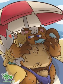 3:4 absurd_res animal_crossing anthro beach bodily_fluids canid canine clothing crazy_redd duo erection food fox groping_belly heart_symbol hi_res justwatchingthings male male/male mammal nintendo nipples overweight overweight_male popsicle raccoon_dog sweat tanuki thick_thighs thong tom_nook_(animal_crossing) umbrella underwear