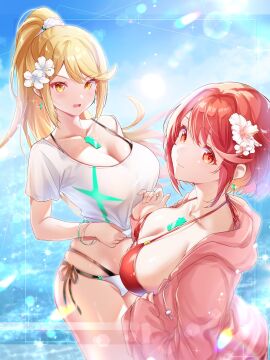 alternate_costume alternate_hairstyle blonde_hair breasts core_crystal female highres large_breasts mythra mythra_(xenoblade) pyra pyra_(xenoblade) red_eyes red_hair ui_frara xenoblade_(series) xenoblade_chronicles_(series) xenoblade_chronicles_2 yellow_eyes