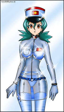 1girls blue_bra blue_dress blue_hair blue_lingerie blue_panties bra bracelets breasts brown_eyes choker dress female female_only fully_clothed garter_belt garter_straps hypnosis large_breasts lingerie looking_at_viewer midriff mind_control nintendo officer_jenny_(pokemon) panties panties_visible_through_clothing pokeball pokemon police police_hat police_officer police_uniform policewoman revealing_clothes rosvo see-through see-through_dress shiny_clothes short_hair thighhighs tight_clothing translucent_clothing transparent_clothing zipper_dress zipper_pull_tab