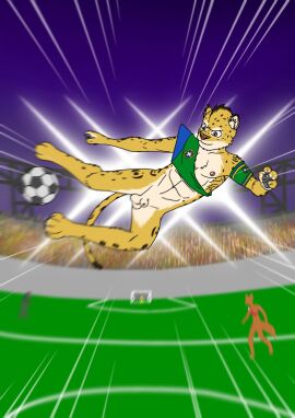 1boy abs anthro anthro_only ball_(object) balls barefoot casual_nudity cheetah colonel_lazuli feet felid feline fur genitals hi_res humanoid_hands male male_focus mammal markings masculine_male muscular muscular_anthro muscular_male nipples nude original outdoor_nudity outside pecs penis soccer soccer_ball social_nudity solo sport spots tail