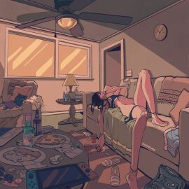 alcoholic_drink ashleyl00b bandage bandaid beer beverage cigarette clock couch depressed depression drink food nintendo nintendo_switch original original_character pizza pizza_crust underwear_down