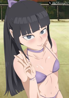 1girls areolae black_eyes black_hair boruto:_naruto_next_generations breasts clavicle eyelashes female female_only human itoi_tsuru lips long_hair medium_breasts naked naked_female naruto nipples peace_sign sheong_wong solo stomach
