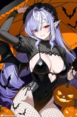 alternate_costume arm_up artist_name bat_wings black_leotard black_nails black_shrug breasts cleavage clothing_cutout commentary covered_navel cutout_above_navel english_commentary female fingernails fishnet_pantyhose fishnets halloween_costume headdress heart_cutout helloimtea highleg highleg_leotard highres holding holding_umbrella jack-o'-lantern large_breasts leotard long_hair looking_at_viewer mole mole_under_eye multicolored_hair nail_polish orange_umbrella paid_reward_available pantyhose parted_lips pointy_ears purple_hair red_eyes shrug_(clothing) sidelocks smile solo streaked_hair thighs twitter_username umbrella very_long_hair vivian_(zenless_zone_zero) vivian_banshee wings zenless_zone_zero
