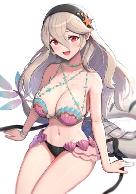 1girls :d absurdres alternate_costume arm_support artist_name black_hairband breasts corrin_(fire_emblem) corrin_(fire_emblem)_(female) female female_only fire_emblem fire_emblem_cipher fire_emblem_fates gonzarez grey_hair hair_between_eyes hairband highres large_breasts long_hair looking_at_viewer navel nintendo official_alternate_costume open_mouth red_eyes shell shell_bikini simple_background sitting smile solo tail white_background
