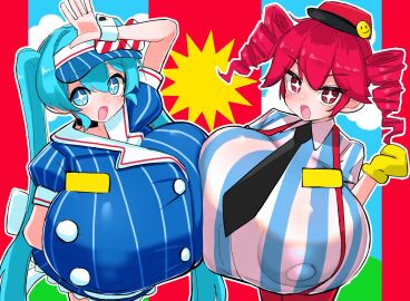 2girls aqua_eyes aqua_hair back_problems black_necktie blue_dress blue_hat bow breasts breasts_bigger_than_body breasts_bigger_than_head breasts_focus buttons clouds drill_hair female gigantic_breasts hatsune_miku huge_breasts hyper_breasts kasane_teto massive_breasts mesmerizer_(vocaloid) mesmerizer_miku mesmerizer_teto necktie nipple_bulge nipples_visible_through_clothing open_mouth outline pinstripe_dress pinstripe_hat puffy_short_sleeves red_background red_bow red_hair red_hat red_pants red_suspenders saluting simple_background sintaro_okabe smile smiley_face star_pupils star_shaped_pupils striped_bow striped_dress striped_shirt suspenders tridecagram twin_drills twintails utau vertical-striped_dress vertical-striped_headwear vertical-striped_shirt visor_cap vocaloid voluptuous voluptuous_female white_outline white_shirt wrist_cuffs yellow_gloves