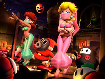 2girls ankle_cuffs anklet anklets arabian arabian_clothes arabian_clothing arabian_costume arabian_female arms_tied arms_tied_to_pole auction bare_arms bare_midriff bare_shoulders belly_button belly_button_piercing belly_dancer belly_dancer_outfit bikini bikini_bottom bikini_top blonde_hair blue_brooch blue_earrings blue_eyes blush bob-omb bra bracelet brassiere brooch brown_hair chain_leash chained chained_collar chained_to_pole chained_up chains cleavage collar dancer dancer_girl dancer_outfit earrings face_veil female gold_anklet gold_anklets gold_bracelets gold_brassiere gold_chain gold_chains gold_collar golden_anklets golden_bracelets golden_brassiere golden_chain golden_chains golden_collar green_bikini green_bikini_bottom green_bikini_top green_bra green_earrings green_harem_pants green_high_heels green_veil harem harem_girl harem_girls harem_jewelry harem_outfit harem_pants head_scarf headscarf high_heels jewelry light-skinned_female light_skin mario_(series) metal_collar midriff multiple_females multiple_girls navel night night_sky ninji_(mario) onmodel3d phanto pink_bikini pink_bikini_bottom pink_bikini_top pink_bra pink_harem_pants pink_head_scarf pink_headscarf pink_high_heels pink_lips pink_lipstick pink_veil princess princess_daisy princess_peach red_gem red_gemstone short_hair shy_guy silver_anklet silver_bracelet silver_brassiere slave slave_auction slave_bikini slave_collar slave_girl slave_outfit snifit super_mario_bros. super_mario_bros._2 tan_skin tan_skinned_female tied_to_pole veil wart_(mario)