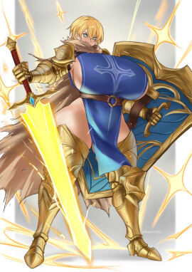 2024 2d 2d_(artwork) armor ass blonde_hair blue_eyes breasts female hair huge_breasts knight nastart original paladin shield simple_background solo sword tagme thick_thighs thunder_thighs voluptuous weapon white_background