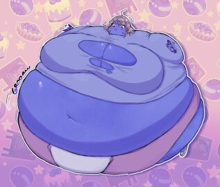 1girls belly_expansion big_belly blue_skin blue_sweater blueberry_inflation breast_expansion breast_growth breast_growth_(enlargement) breasts cleavage expansion female flapping_hands immobile inflation navel puffed_cheeks purple_shorts ripped_clothing ripped_sweater short_hair sile2011 spherical_inflation sunken_limbs unbuttoned_shorts unzipped_shorts white_panties