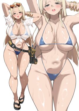 absurdres bandaid bandaid_on_face bandaid_on_nose bikini blue_bikini blue_eyes blunt_ends blush bracelet breasts cameltoe centi_(nikke) centi_(ocean_repair)_(nikke) collarbone curvy eyewear_on_head feet female gluteal_fold goddess_of_victory:_nikke heart heart-shaped_eyewear highres jewelry large_breasts long_hair micro_bikini multiple_views navel neck necklace official_alternate_costume open_mouth parted_bangs partially_undressed pussy sandals screwdriver shirt sideboob simple_background sleeves_rolled_up smile stomach sunglasses sweat swimsuit tape_measure thigh_gap thighs tied_shirt toes toolbox underboob white_background white_shirt wrench yabai_gorilla zoom_layer