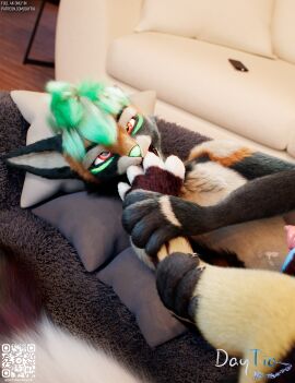 3d affectionate animal_genitalia animal_penis anthro balls bangs bed bedding bedroom black_body black_fur blanket blue_body blue_fur c4d canine_genitalia canine_penis cinema_4d_(artwork) claws close-up daytia detailed detailed_fur digital_media_(artwork) duo eye_contact face_to_face facial_expression fluffy fluffy_tail fur furniture genitals green_hair hair hi_res interspecies intimacy licking long_tail looking_at_another looking_at_viewer lying male male/male multicolored_body multicolored_fur nuzzling open_mouth orange_body orange_fur pawpads paws penis pillow pose posed red_body red_fur rexouium shaded side_view smile soft_shading tail toe_claws tongue tongue_out white_body white_fur