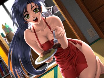 1girls :d apron blue_hair breasts cleavage dutch_angle female food fork game_cg green_eyes holding holding_fork isaku large_breasts long_hair looking_at_viewer naked_apron pasta ponytail seiza serizawa_mio sitting smile solo spaghetti yokota_mamoru