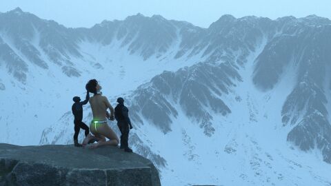 1girls 2boys 3d bound_wrists female height_difference kneeling male maledom multiple_boys multiple_males original slave_girl spicebound