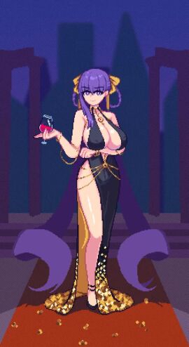 1girls animated bb_(fate) bb_dubai_(fate) big_breasts breasts cleavage dress fate/grand_order fate_(series) female female_focus high_heels holding_object long_hair looking_at_viewer nipple_outline pixel_art purple_hair raptorbr revealing_clothes solo tagme thick_thighs thighs video voluptous voluptous_female wine wine_glass