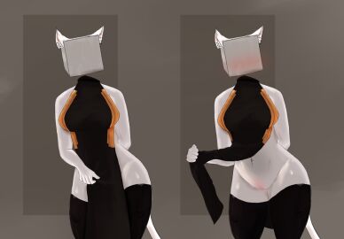 1girls belly_button beloushka big_breasts blush breasts cat_ears cat_tail cube dress_lift female futuristic_clothing grey_skin no_panties original original_character pussy showing_pussy tagme thick_thighs thighhighs upskirt veiro