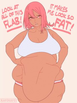 animated artist_name bbw belly_fat belly_grab belly_overhang blush bouncing_belly cleavage dark-skinned_female dark_skin english_text fat fat_belly fat_female female flabby_belly jiggling_belly kafekafei midriff obese obese_female red_hair shorts solo text