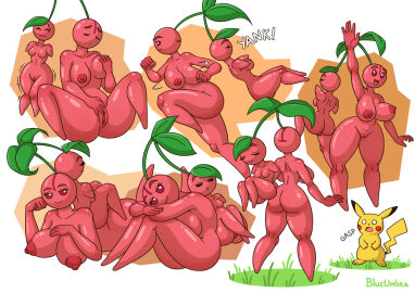 anthro armless ass big_ass big_butt blueumbra breasts cherry cherubi closed_eyes curvy_figure female food footless front_view fruit gasp generation_1_pokemon generation_4_pokemon genitals gesture grass group hourglass_figure humanoid jiggling leaf looking_at_viewer lying male male/female masturbation nintendo nipples nude onomatopoeia pikachu pink_body pink_nipples pink_skin plant pokemon pokemon_(species) purple_eyes pussy rear_view running simple_background sleeping small_breasts smile smiling_at_viewer sound_effects standing text venus_figure waving waving_at_viewer yank
