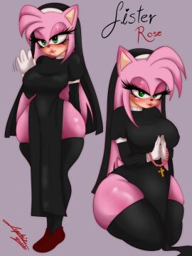 amy_rose animal_ears ass big_ass big_breasts blush breasts female nun nun's_habit nun_outfit pink_fur rosary seductive_eyes seductive_look sonic_(series) sonic_the_hedgehog_(series) sophie_queen11 stockings thick_thighs