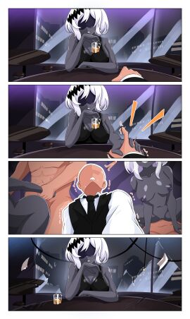 1boy 1girls 4koma areolae arm_grab bar_(place) black-skinned_female black_skin blindfold breasts cocktail comic date dress drinking_glass female indoors light-skinned_male light_skin male medium_breasts monster_girl nez-3 nipples original penetration pussy seductive sex vaginal_penetration white_hair wine wine_glass yogg_saron_(jake_steel)