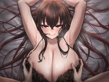 1girls :q absurdres armpits arms_up black_bra bra breast_grab breasts brown_hair cleavage collarbone female grabbing grabbing_another's_breast grabbing_breasts groping hair_between_eyes highres large_breasts long_hair looking_at_viewer lying on_back original pink_eyes red_eyes shaddoll_fusion solo sweat tongue tongue_out underwear upper_body