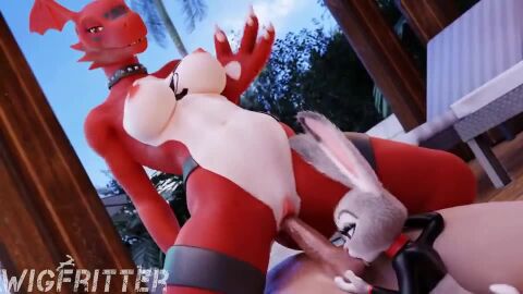 anthro anthro_penetrated anthro_penetrating anthro_penetrating_anthro bandai_namco digimon digimon_(species) disney furromantic_(modeler) guilmon_(furromantic) human judy_hopps lagomorph mammal sucking sucking_balls tagme video wigfritter zootopia