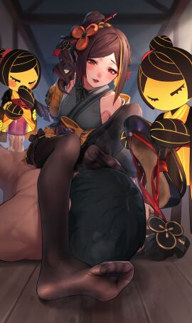 1boy absurdres artificial_vagina assertive_female assisted_masturbation beeeeen blonde_hair blurry blurry_background breasts brown_hair chiori_(genshin_impact) clothed_female_nude_male commentary_request commission cum doll drill_hair drill_ponytail feet feet_visible_through_clothing female food food_on_face foot_fetish foot_focus footprint footprint_on_sandals genshin_impact grey_kimono hair_ornament highres indoors japanese_clothes kimono legs long_hair loose_hair_strand male multicolored_hair nude open_mouth pantyhose penis pixiv_commission red_eyes sex_toy shoes shoes_removed sleeveless sleeveless_kimono small_breasts smile soles_of_feet_in_stockings stepped_on straight toes_visible_through_clothing two-tone_hair unworn_shoes