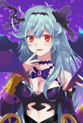 big_breasts black_ribbon blue_hair blush breasts chaos_aurora_(grimms_notes) cleavage detached_sleeves female grimms_notes hair_ribbon highres large_breasts light_blue_hair long_hair looking_at_viewer messy_hair midriff purple_background purple_ribbon red_eyes ribbon smile solo thorns wheel yonohisa