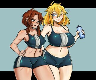 2girls ana_leopad ass big_ass big_breasts blonde_hair blue_eyes blush breasts breasts_bigger_than_head brown_hair cameltoe chubby chubby_female curvy curvy_female el_diario_de_jonathan female green_eyes jayden_murtons medium_support_(meme) one_eye_closed petina petoart pussy scars_all_over short_hair sports_bra standing sweat thick thick_legs thick_thighs thighs