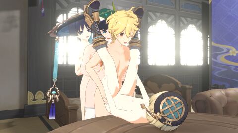 3d 4boys aether_(genshin_impact) anal anal_sex foursome freminet_(genshin_impact) from_behind gay genshin_impact indoors male male/male male_only on_back pine_nsfw scaramouche_(genshin_impact) venti_(genshin_impact) yaoi