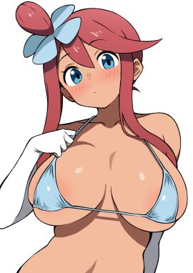 areola_slip bare_shoulders big_breasts bikini blue_bikini blue_eyes blush breasts cleavage closed_mouth collarbone dark-skinned_female ecgg_(tsuji418477) elbow_gloves female game_freak gloves hair_ornament long_hair micro_bikini nintendo pokemon pokemon_bw red_hair shiny_skin sideboob skyla_(pokemon) underboob upper_body white_gloves