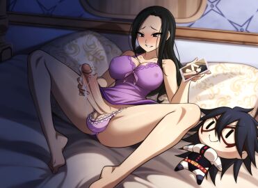 1futa 1girls alternate_version_available black_hair black_haired_futa boku_no_hero_academia breasts cum cum_drip cumming futanari herm hermaphrodite hi_res high_resolution highres masturbating masturbating_futa masturbating_to_person masturbation midnight_(my_hero_academia) momo_yaoyorozu my_hero_academia patrickdja photo tagme