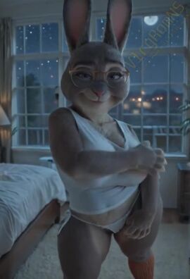 ai_generated animated anthro ass bedroom big_breasts big_butt bonnie_hopps clothing curvy_figure dancing eyewear female glasses huge huge_breasts lagomorph leporid mammal mature_female night no_bra orange_socks rabbit shirt side-tie_panties socks solo tagme tank_top teasing thick_thighs thong topwear underwear video vlrgromns white_tank_top zootopia