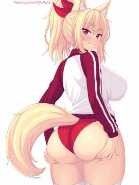 1girls animal_ears ass ass_grab big_ass big_breasts blonde-haired_female blonde_hair bloomers blush breasts buruma cat_ears cat_girl cat_tail catgirl cheeks female female_only grabbing_ass looking_at_viewer looking_back panties patreon patreon_username ponytail simple_background smile smiling_at_viewer solo solo_female thick_ass thick_thighs thighhighs thighs tiffy tiffynyaa twitter white_background