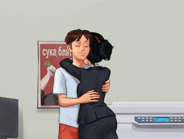 1boy 1girls 2d 2d_(artwork) after_sex asian asian_female black_hair breast_press breast_press_on_chest breast_squeeze breasts brown_hair closed_eyes clothed clothing darkcookie digital_drawing_(artwork) digital_media_(artwork) earrings female hug hugging hugging_partner light-skinned_female light-skinned_male light_skin liu_wang_(summertime_saga) main_character_(summertime_saga) male male/female satisfied satisfied_smile skirt smile smiling standing summertime_saga