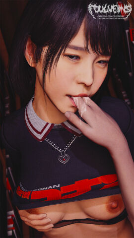 1girls 3d 3d_render amasawa_kyoko bangs biting black_eyes black_hair breast_grab breasts clothes_lift clothing collared_shirt female female_only finger_in_own_mouth foulveins grabbing grabbing_own_breast groping heart heart_necklace high_resolution jewelry judge_eyes large_breasts lips long_hair looking_at_viewer lost_judgment necklace nipples pendant ryuu_ga_gotoku saliva shirt shirt_lift short_sleeves small_breasts solo solo_focus teeth upper_body yakuza_(series)