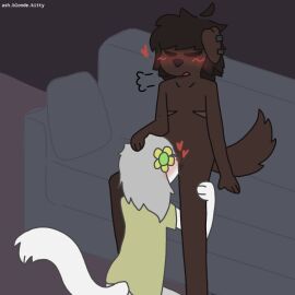 accessory anthro ashblondekittyy blush brown_body brown_hair canid canine canis clothing cunnilingus cuntboy cuntboy/futa domestic_cat domestic_dog duo ear_piercing felid feline felis floppy_ears flower flower_in_hair furniture futanari grey_hair hair hair_accessory headpat heart_symbol intersex intersex/intersex kneeling mammal oral piercing plant pussy rex_(ashblondekittyy) romantic romantic_couple scar sex shirt sitting sofa topwear trans_man trans_woman transfem transmasc vaginal_penetration white_body yellow_clothing yellow_shirt yellow_topwear yuna_(ashblondekitty)