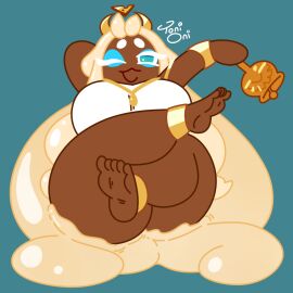 1girls anklet armwear ass barefoot big_ass big_breasts blonde_hair blue_eyes bottomless bottomless_female bracelet breasts cookie_run curvy eyebrows eyelashes feet female headwear large_breasts laying_down long_hair looking_at_viewer makeup mozzarella_cookie one_eye_closed signature simple_background thick_thighs toes toni_oni